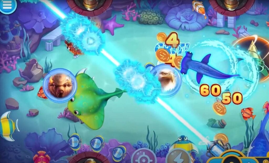 ฉากเกมยิงปลาพร้อมเป้าหมายและปืนบนหน้าจอ ku